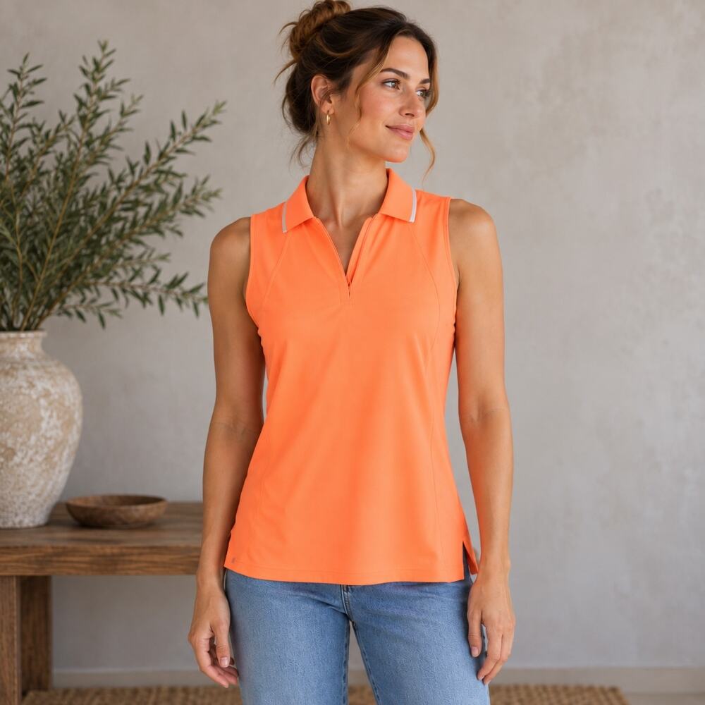 Athleta Neon Orange Sleeveless Collared Top Small Tall